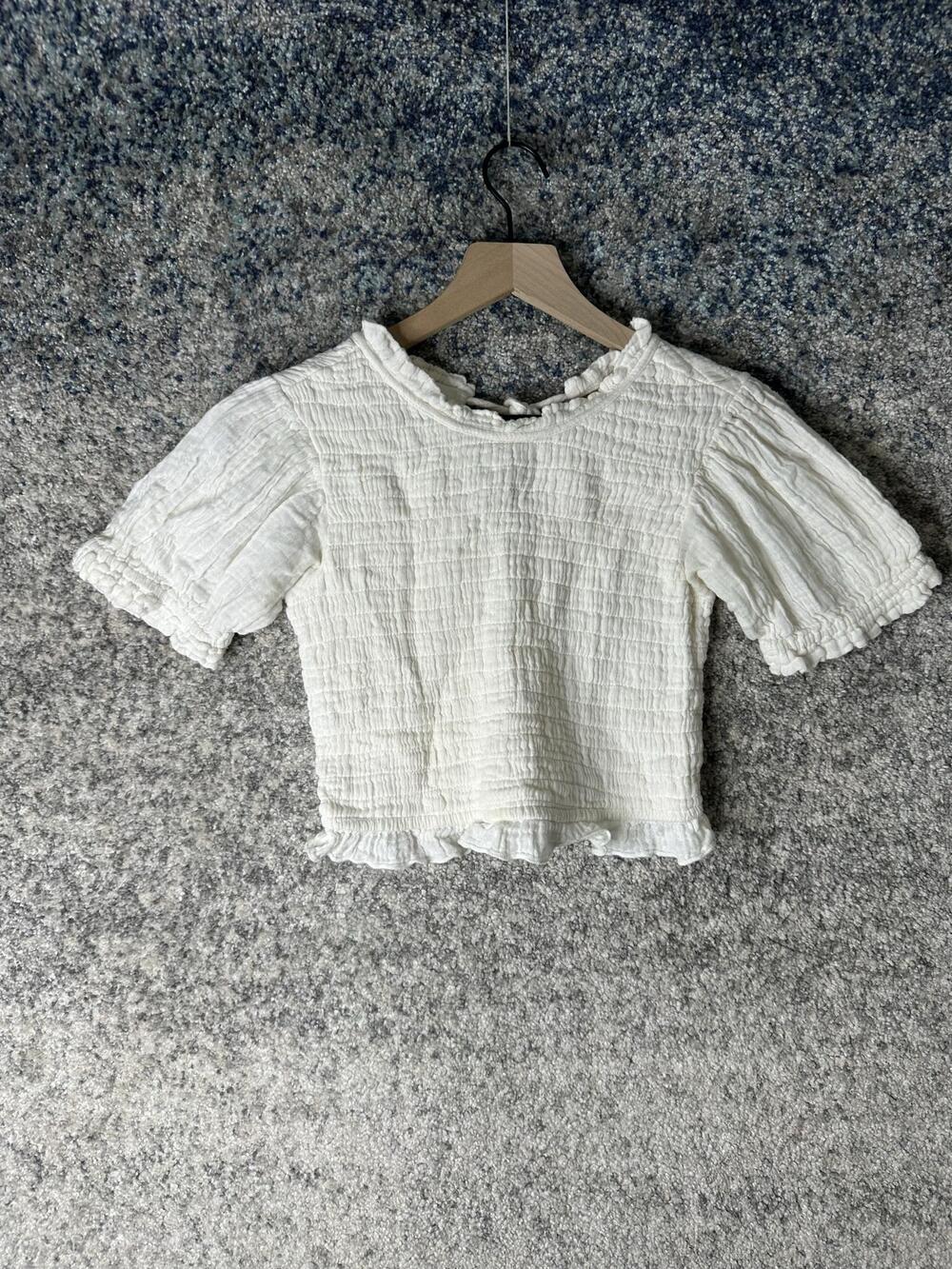 Free People Blouse Womens Small White Crinkle Puff Sleeve Ruffle Cropped